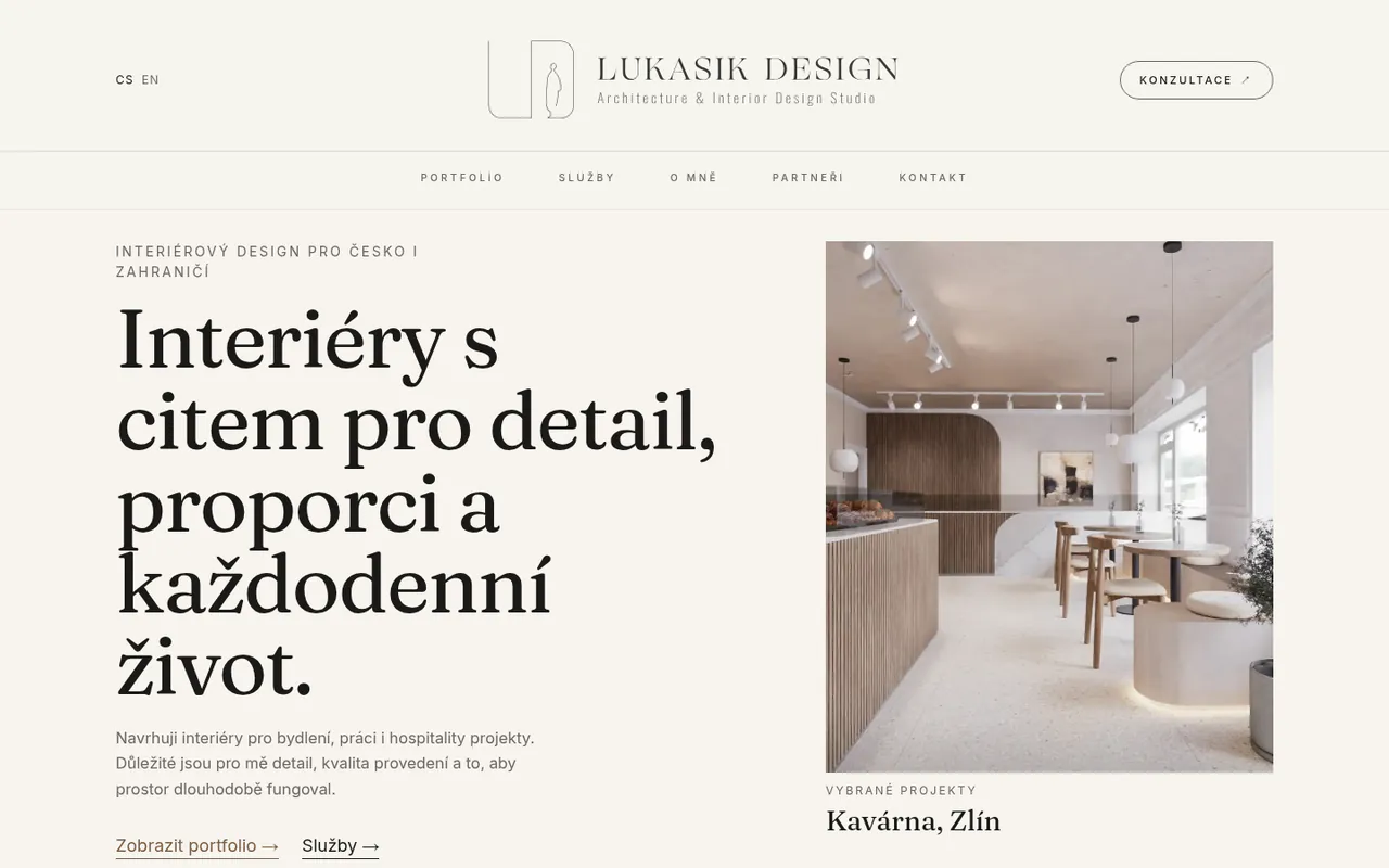 Lukasik Design homepage: the studio claim on the left, a featured café project in Zlín on the right
