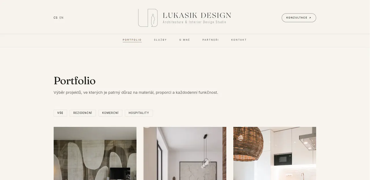 Lukasik Design portfolio page: filters for residential, commercial, and hospitality work above the project grid
