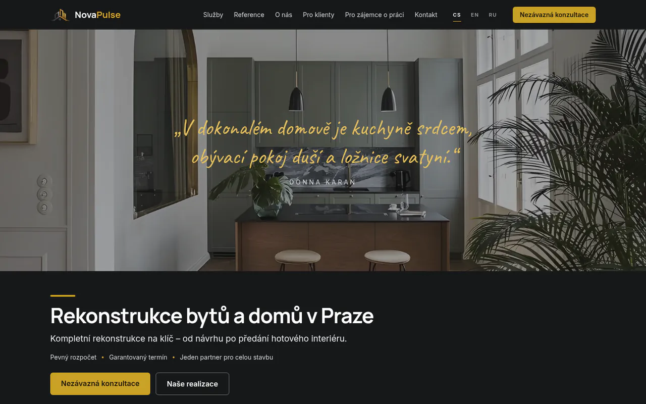 Nova Puls homepage: a renovated Prague kitchen above the headline offering turnkey apartment and house renovation