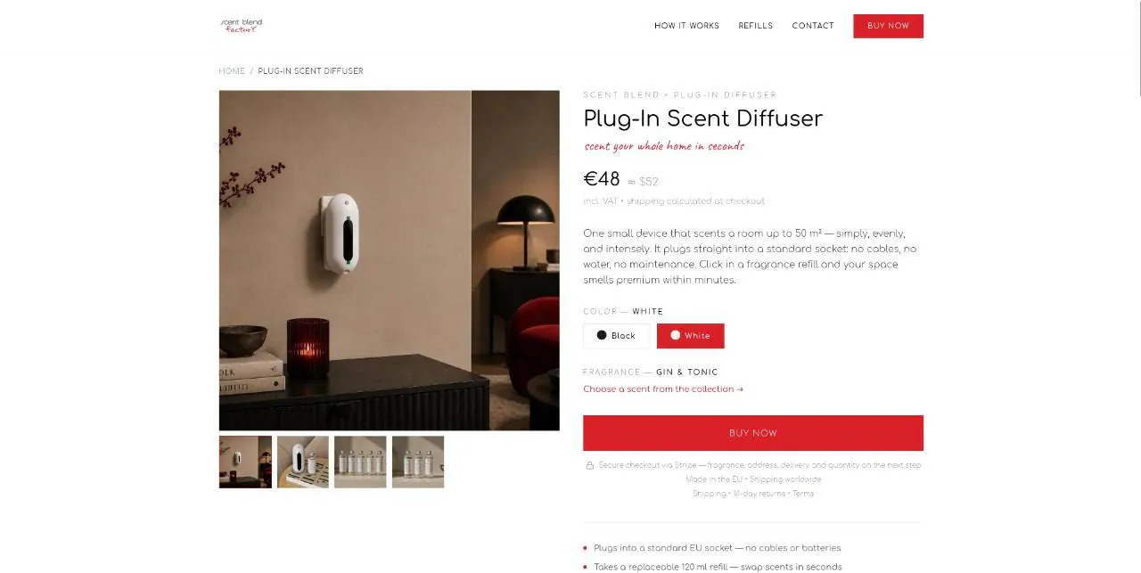 Scent Blend product page: the plug-in diffuser at 48 euro, with colour and fragrance chosen before checkout